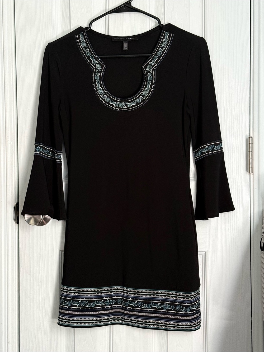 White House Black Market Black with Blue Embroidered Trim Mini Dress